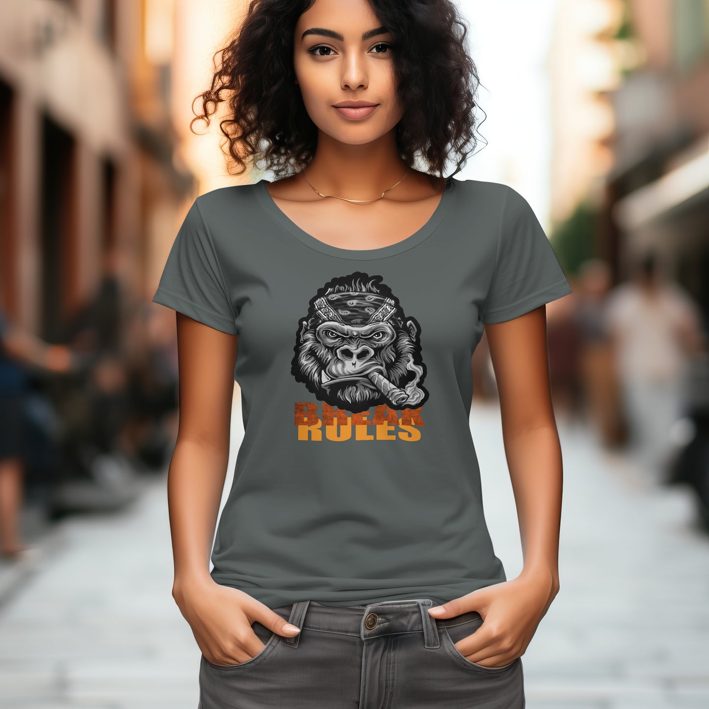 Rauchender Affe Break Rules Premium Damen-T-Shirt mit Rundhalsausschnitt