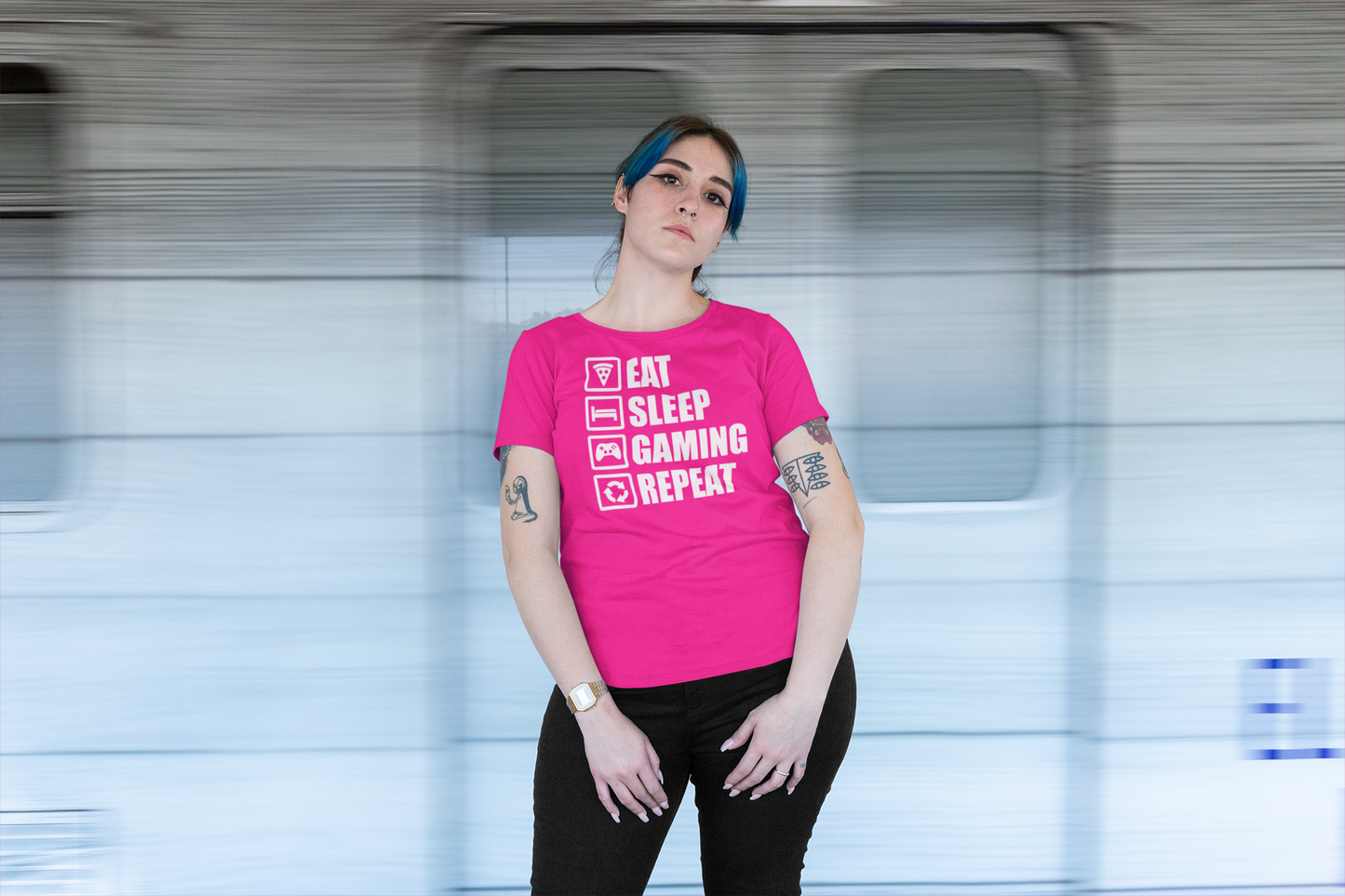 EAT SLEEP GAMING REPEAT Premium Unisex T-Shirt mit Rundhalsausschnitt Girls & Boys
