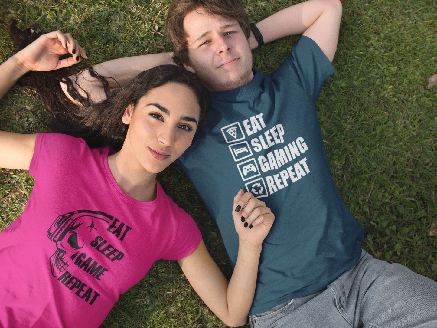 EAT SLEEP GAMING REPEAT Premium Unisex T-Shirt mit Rundhalsausschnitt Girls & Boys