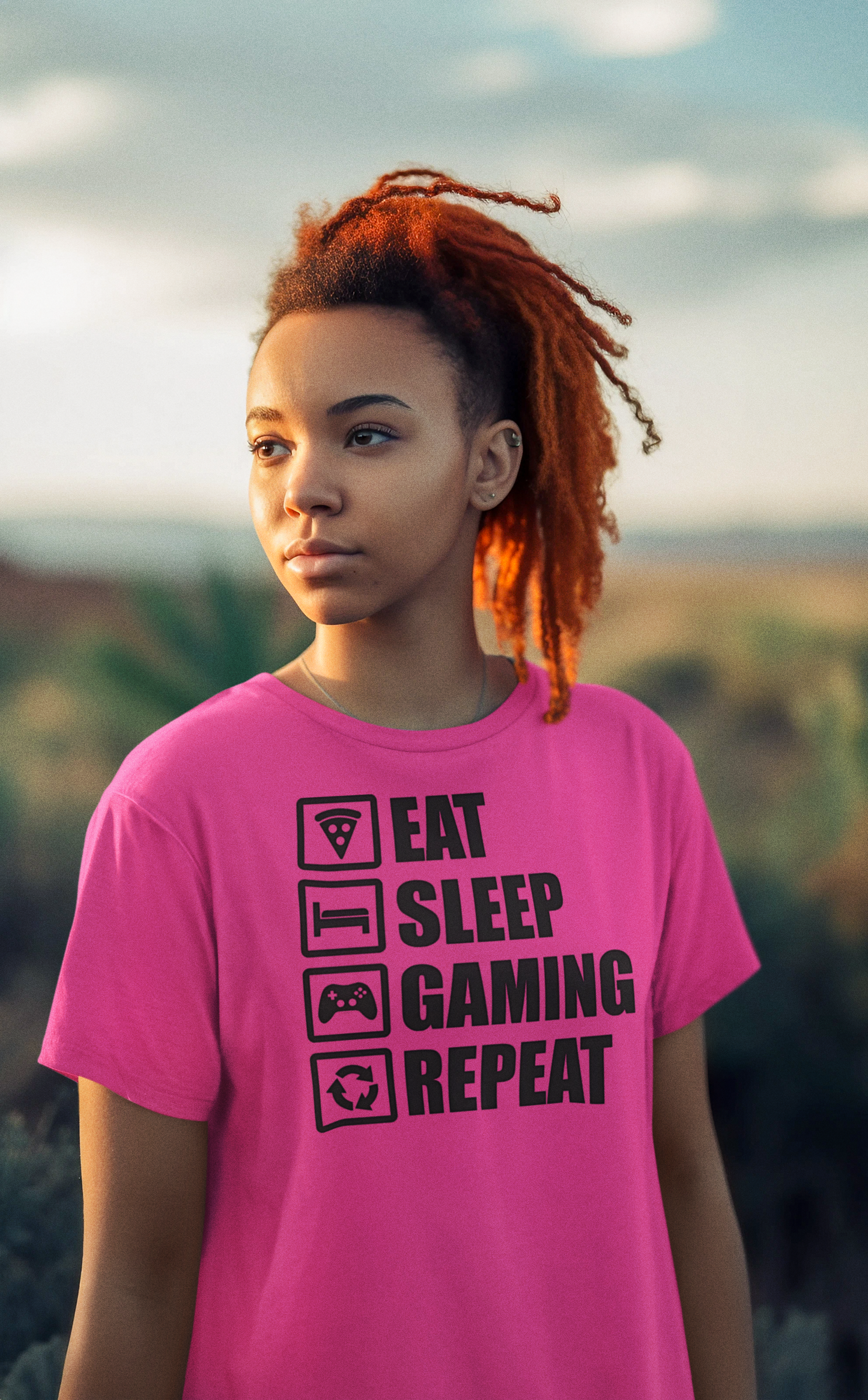 EAT SLEEP GAMING REPEAT Premium Unisex T-Shirt mit Rundhalsausschnitt Girls & Boys